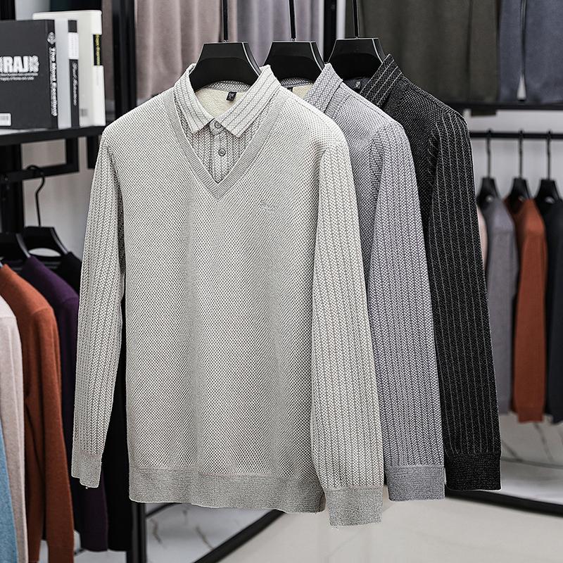 Winter Vacation Two Sweaters Men'S Polo Shirt With A Collar And Long Sleeves, Thick And Warm Base Shirt