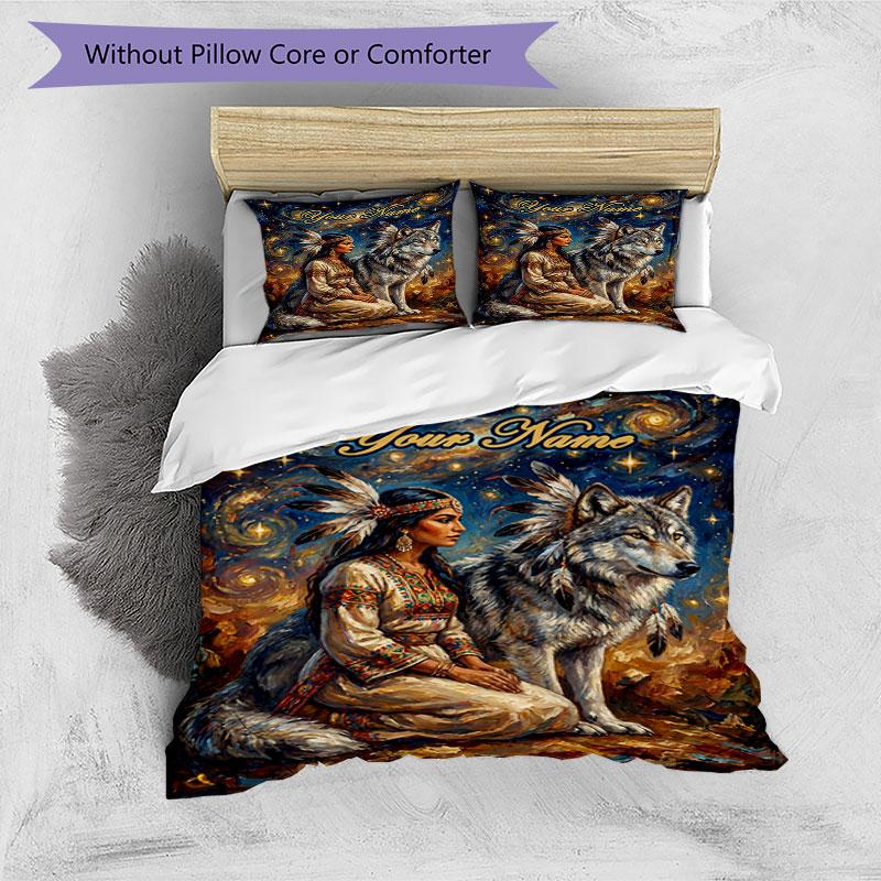 3pcs Custom Name Wolf Native American Spirit Bedding Set Printed Bedding Set Duvet Cover Closure Includes 1 Duvet Cover & 2 Pillowcases Bedroom Decor