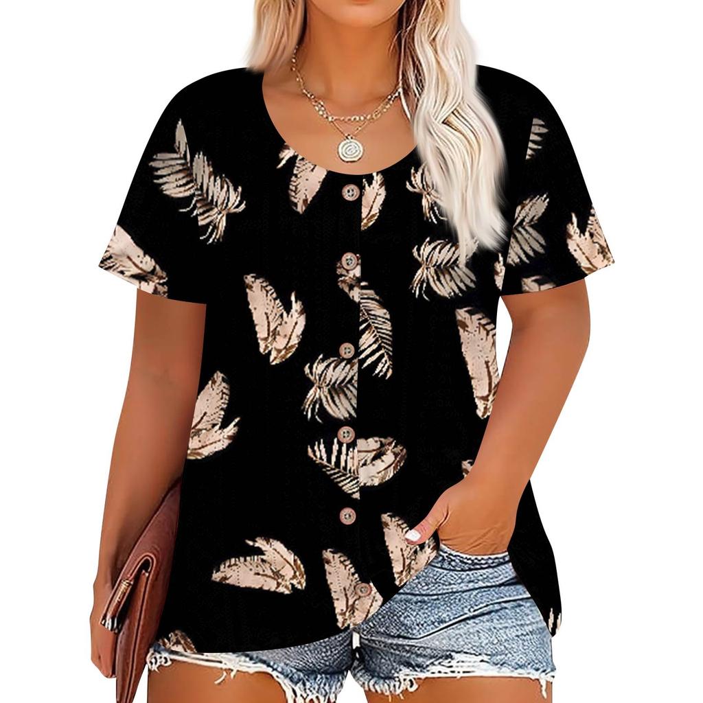 Plus Size Women's Fashion Casual Vintage Printed O-Neck Short Sleeve Button T-Shirt Top