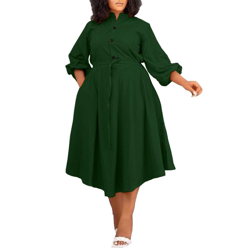 

Женские рубашки больших размеров с пышным воротником и пуговицами на шнурке, однотонные повседневные платья средней длины M темно-зеленого