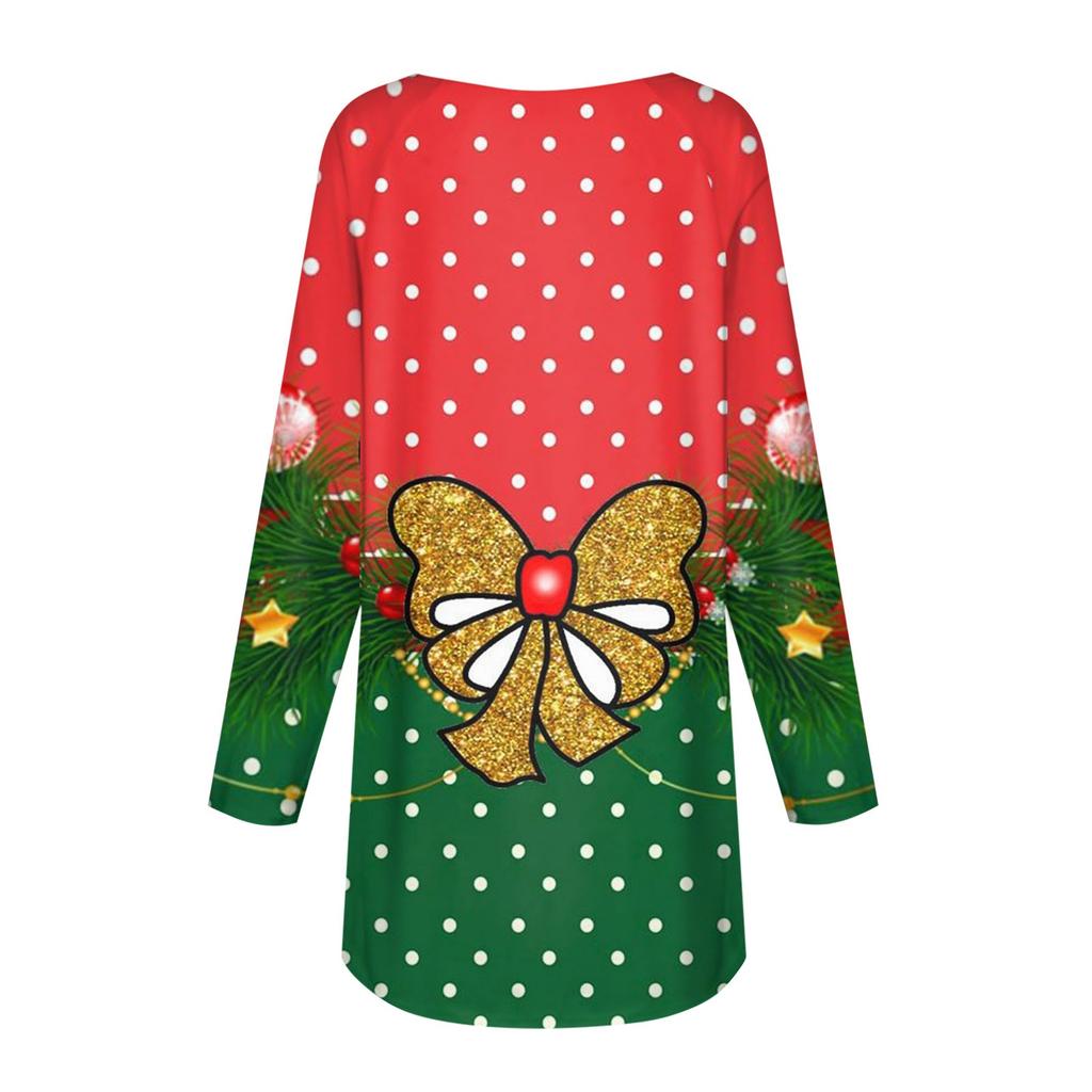 Women's Autumn Winter Long Sleeved V-neck Christmas Print Casual Long Loose T-shirt Top