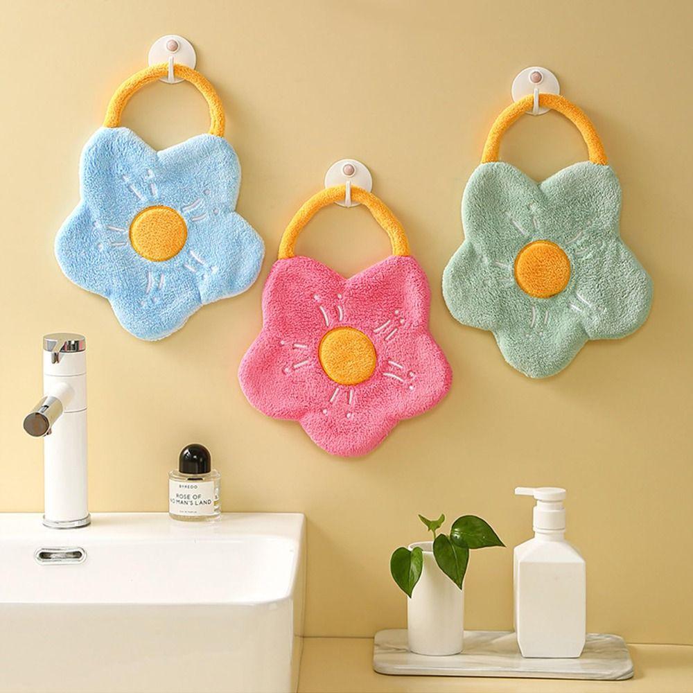 Cartoon Flower Hand Towel Hanging Style Coral Fleece Toilet Handkerchief Strong Water Absorption Thickened Washcloth Kitchen