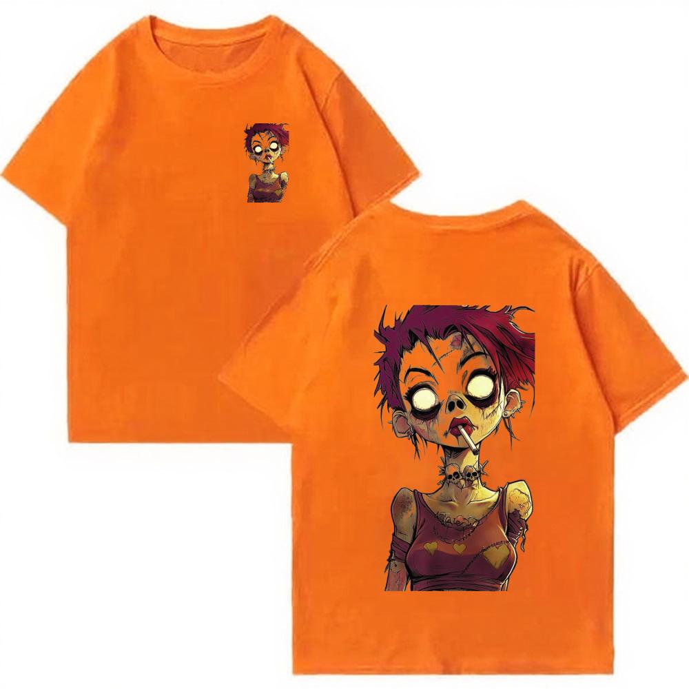 Zombie Girl Cartoon Graphic T Shirt Oversized Back Print Grunge Skull Neck Horror Tee Y2K Streetwear Cotton Short Sleeve