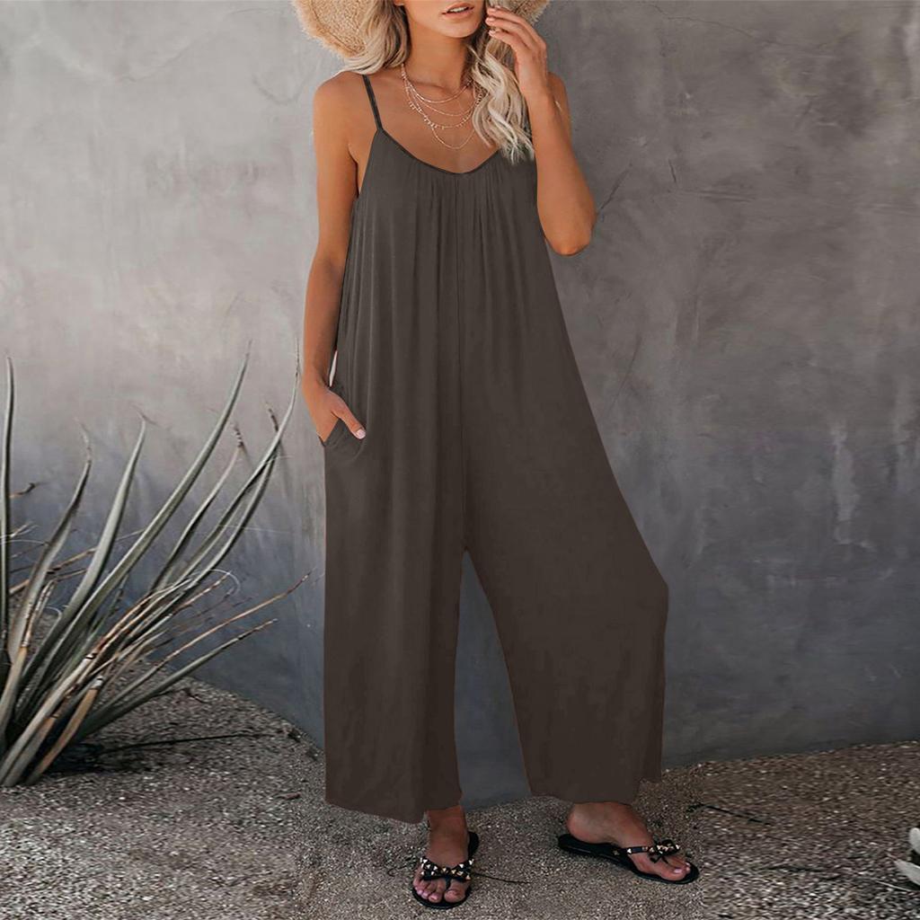 Women's Color Overalls Sleeveless Vest Pocket Casual Jumpsuit