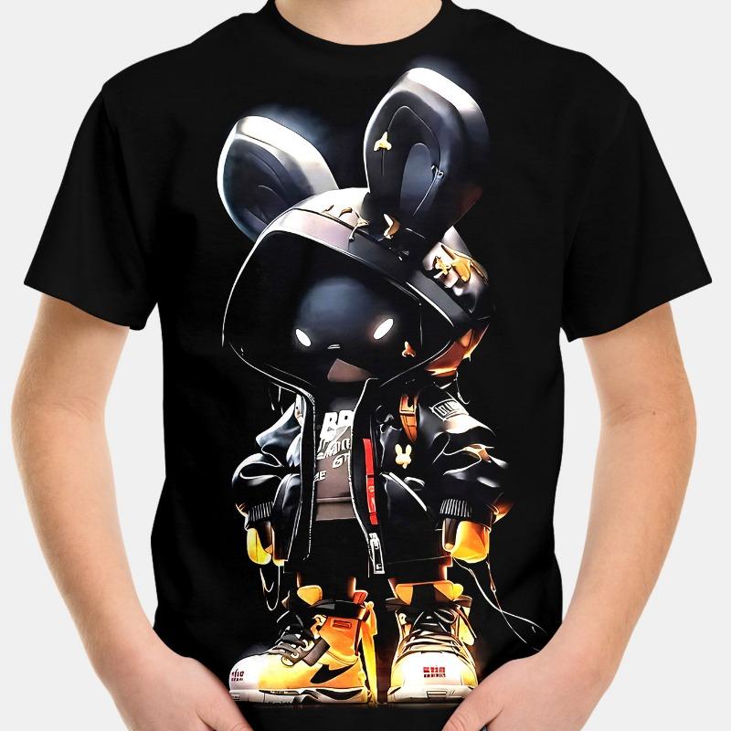 Black Casual Short Sleeved 3D Digital Printed T-shirt for Children Shirt