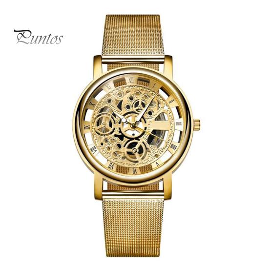 Skeleton Analog Men\'s Luxury Stainless Steel Mesh Band Quartz Wrist Watch Gift
