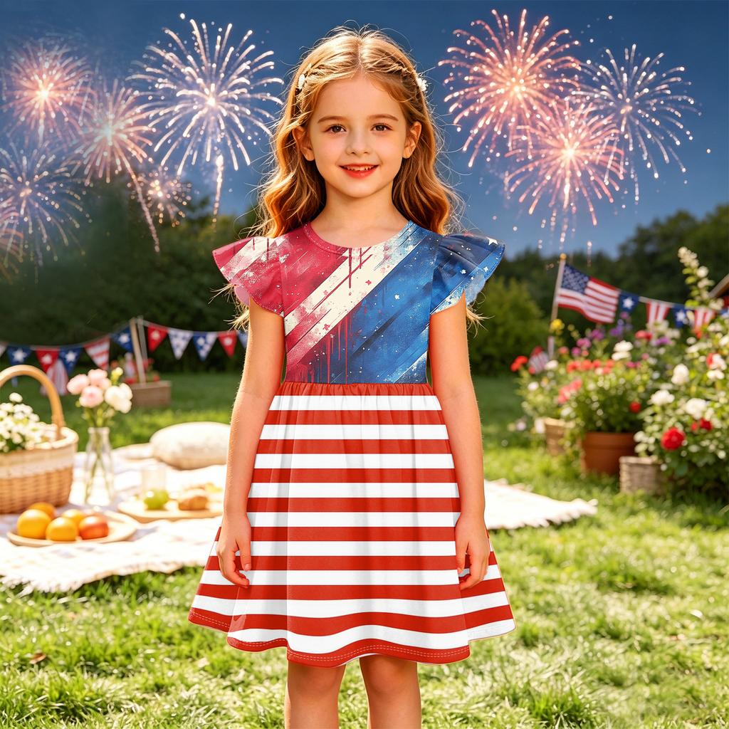 Girls' Summer Princess Dress - A-Line T-Shirt Dress Independence Day