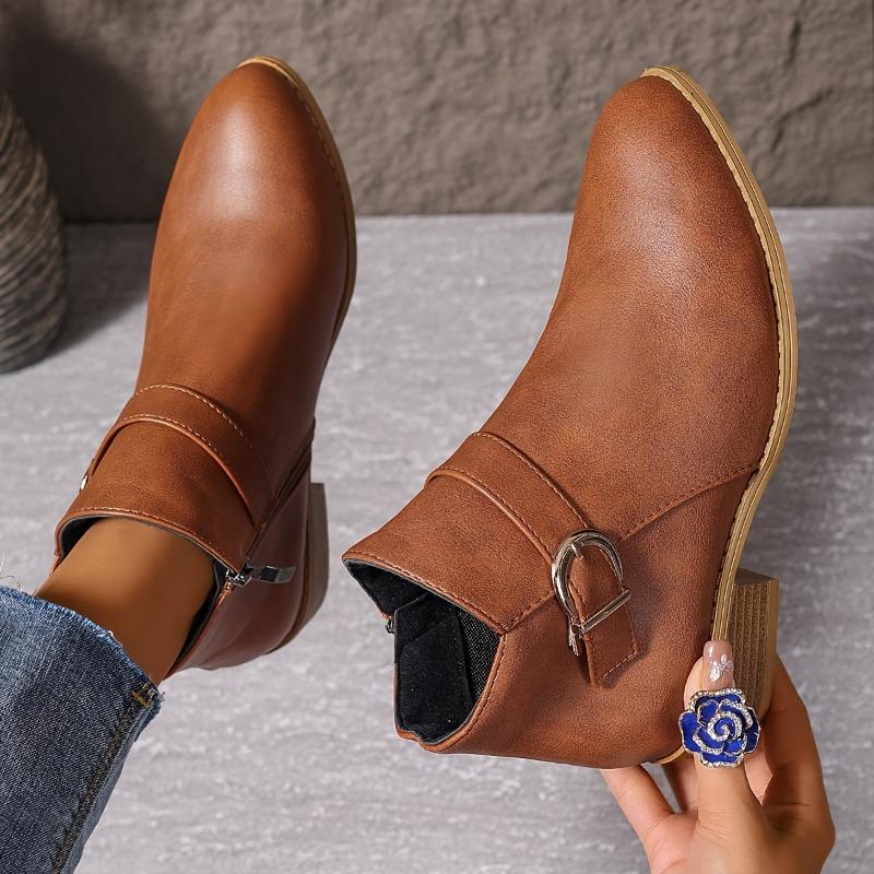 Chunky Heel Non-Slip Women's Slip-On Ankle Boots with Side Zipper Brown Faux Cover, Cushioned Insole Arch Support for Everyday Formal