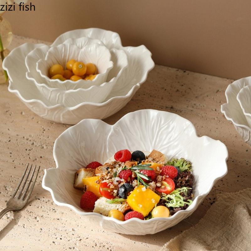 Ceramic Flower Deep Bowl Pure White Oat Breakfast Bowls Fruit Plate Salad Bowl Yogurt Cup Soup Bowls Dining Plate Pasta Dish