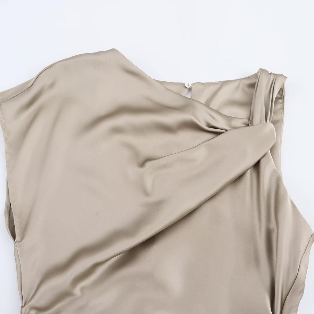 Women's Clothing European and American Style Temperament Slim and Thin Pleated Decorative Silk Satin Texture Dress