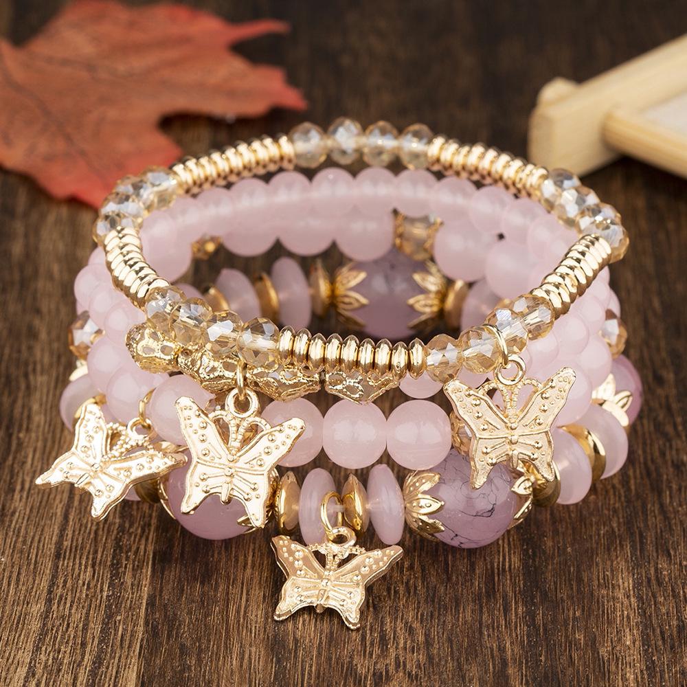 Bohemian Multi-layer Crystal Beaded Butterfly Pendant Stacking Bracelet