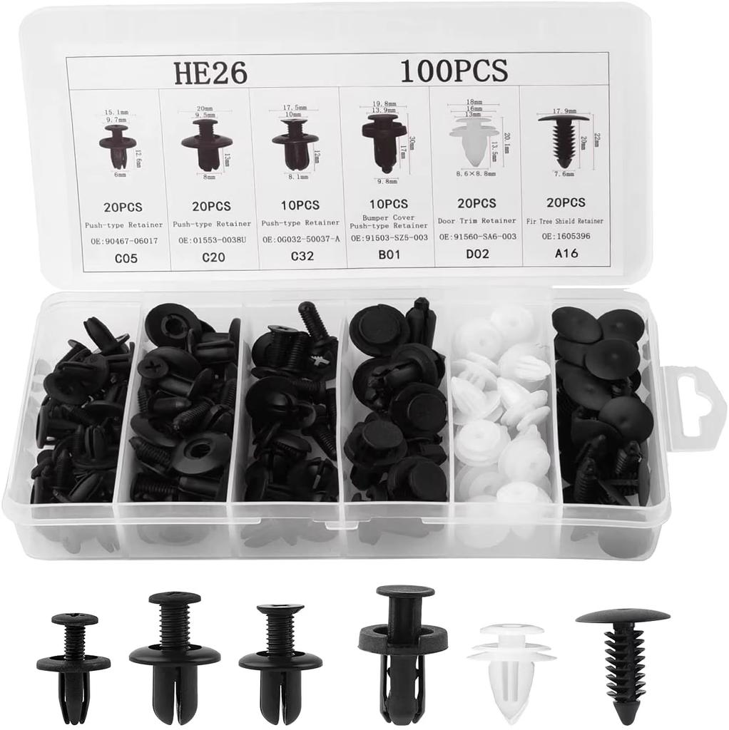 100 car fastener clip kit, fender rivet clip, body push fixing pin rivet, bumper, door trim panel fixing clip