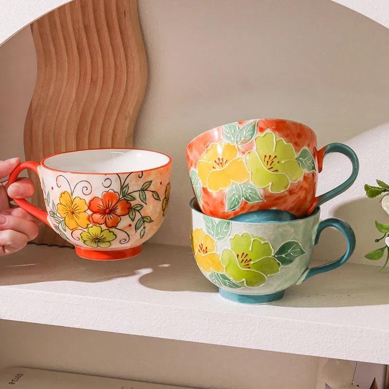 500ml Ceramic Cup Handmade Glyptic Breakfast Bowl Large Capacity Water Cup for Office Porcelain Coffee Mug for Afternoon Tea