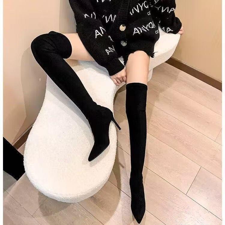 Autumn 2025 Women's Over-the-Knee Suede Boots: Chunky Heel, High Shaft, Elastic, Pointed Toe