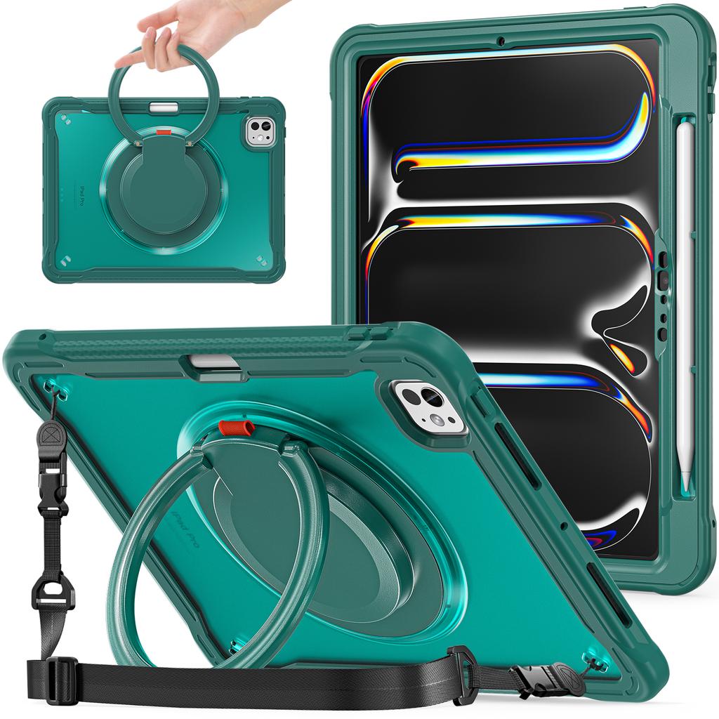 For iPad Pro 11 (2025)/11 (2024) Case Rotary Kickstand PC+TPU+Silicone Cover with Shoulder Strap