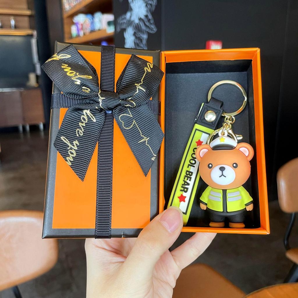 Cartoon Epoxy Traffic Police Firefighter Bear Keychain Promotional Gifts Fashion Couple Accessories Cute School Bag Lanyard