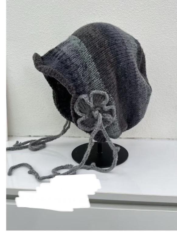 New gentle wind lace-up flower knitted hat women's big head circumference shows face small spring and summer sun protection breathable wool hat