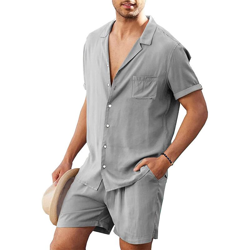 

Summer Men s Cotton Linen Shirt Set Men s Casual Outdoor 2-Piece Suit and Home Clothes Pajamas Comfy Breathable Beach Short Sleeve Sets XXXL сірий