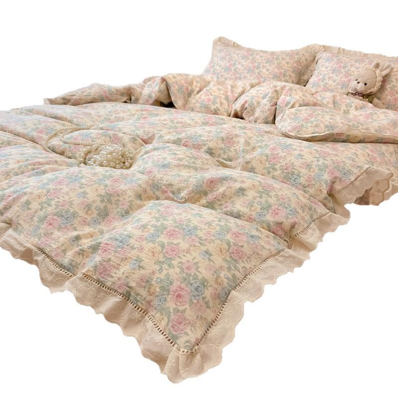 Washed cotton double-layer yarn bed four-piece set princess wind quilt cover knitted cotton bed sheet skin-friendly breathable pillowcase three-piece