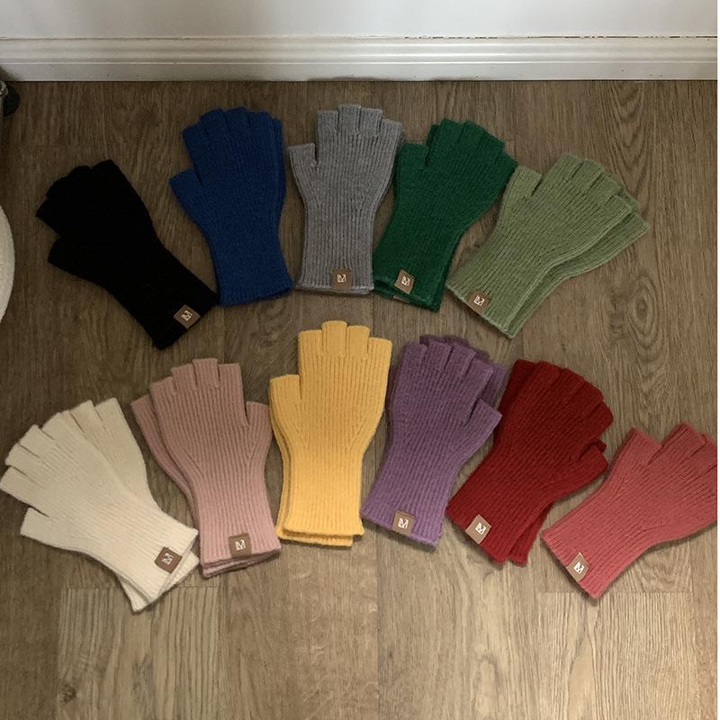 New Fashionable Simple Solid Color Half Finger Gloves Minimalist Touch Screen Knitted Gloves Autumn and Winter Palm Warm Gloves