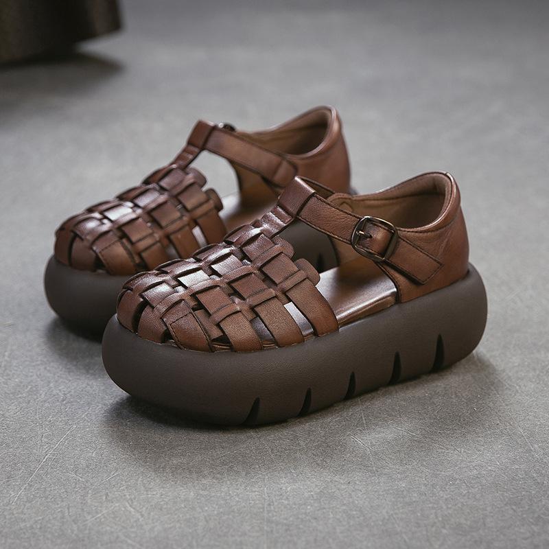 Johnature Genuine Leather Retro Handmade Woven Thick Soled Sandals Versatile Women's Platform Shoes