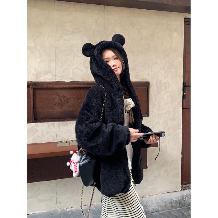 Women's Versatile Mid-Length Plush Jacket with Cute Bear Ears - 2025 Autumn/Winter Collection