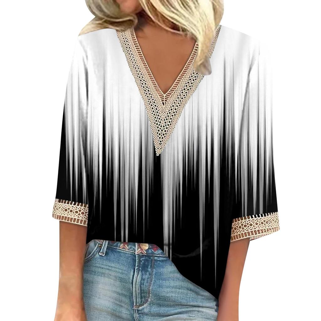 Women's Shirt Blouse Casual Loose Shirts 3/4 Sleeve Lace Trims Print V Neck Tops Print Tops T-shirts Tee