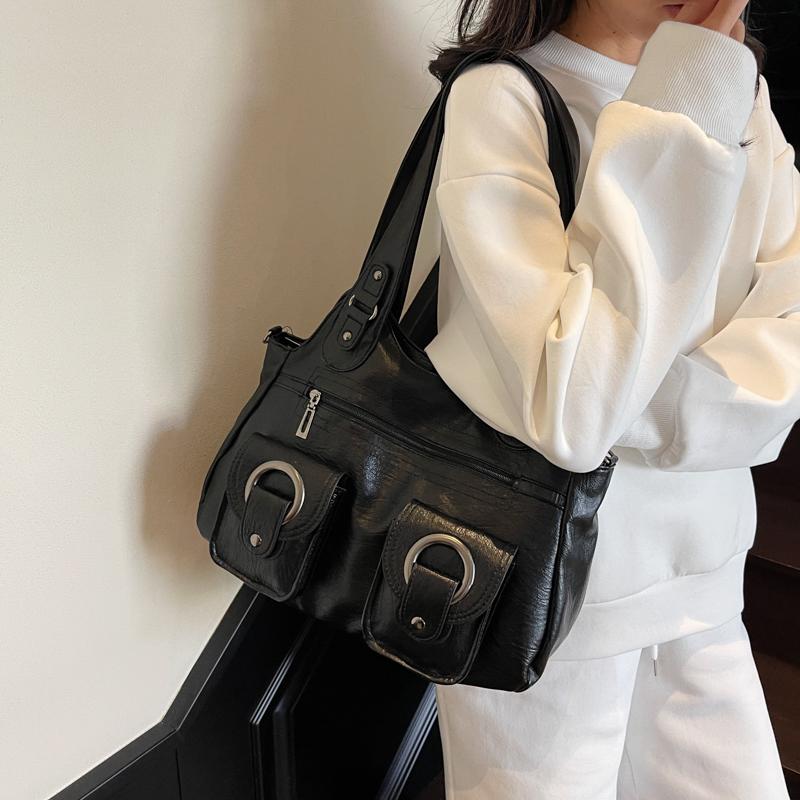 Myk skinn tote bag dame retro multifunksjonell skulderveske håndveske