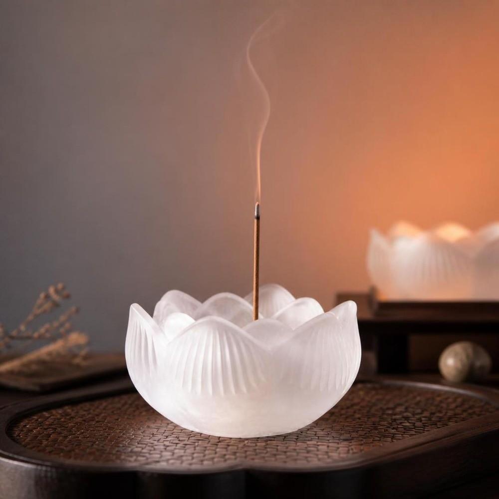 Zen Chinese Style Lotus Incense Burner Crystal Glass Lotus Censer Holder For Household Aroma