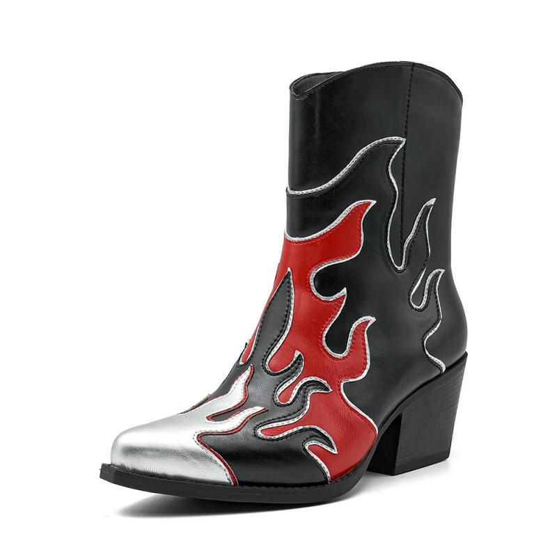 Womens Pointed Toe Chunky Heel Mid-Calf Fashion Boots In Colorblock Design PU Upper With Side Zip Size 36-41