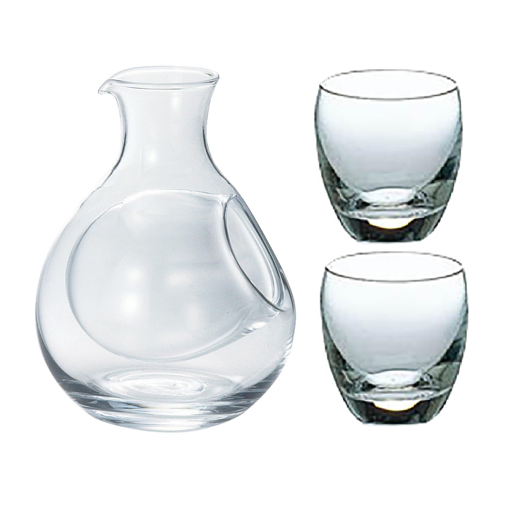 Otsukaglass Sake Glass Set: Includes glass sake carafe (approx. 270ml), glass cup (approx. 100ml), and two other glasses. 3-piece set. (47T222-SET)