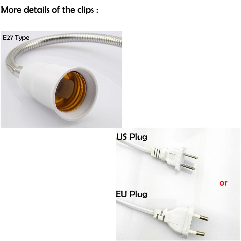 White EU US UK Flexible Light Bulb Lamp AC Power E27 Base Plugs Socket Desk Clip for Book Room Night Light Grow Light Holder