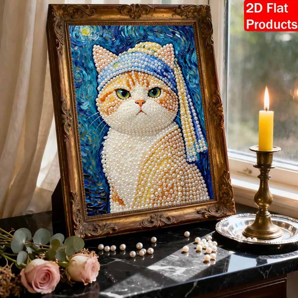 Pearl Painting DIY Kit Cute Cat Wearing Blue Hat Frameless Sparkling Bead Art Canvas Creative Home Decor Craft for Beginners