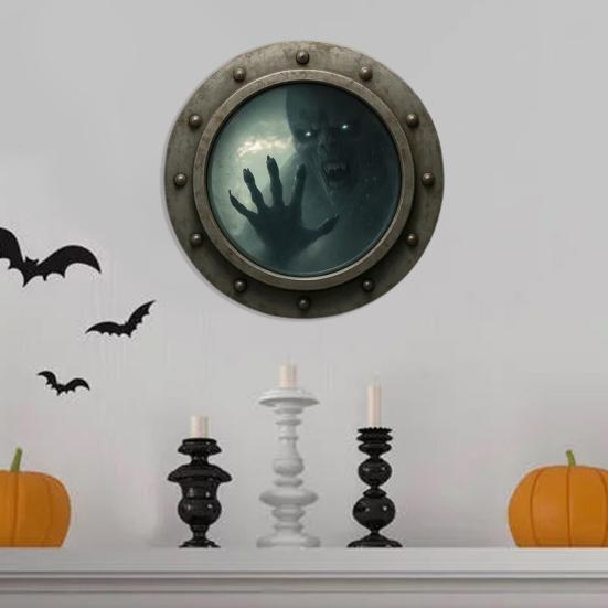 Haunted Porthole Wall Decor Halloween Vintage Ghost Ship Round Window with Rustic Copper Frame 3D Horror Gothic Home Decor for Living Room Bedroom