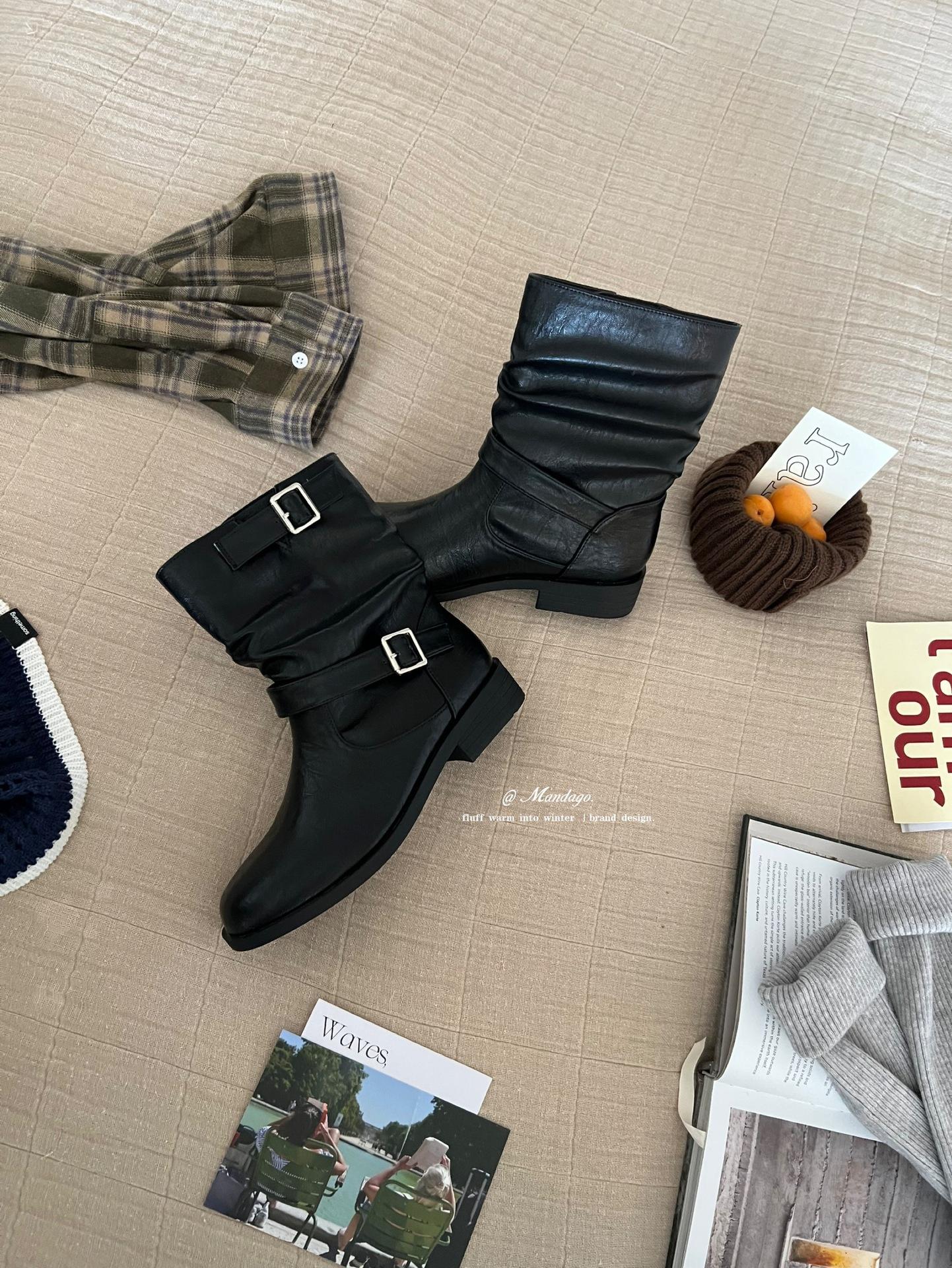 

THEMANDAGO mango big fruit retro double buckle strap stacked Martin boots suede versatile and thin western cowboy boots 39 чёрный