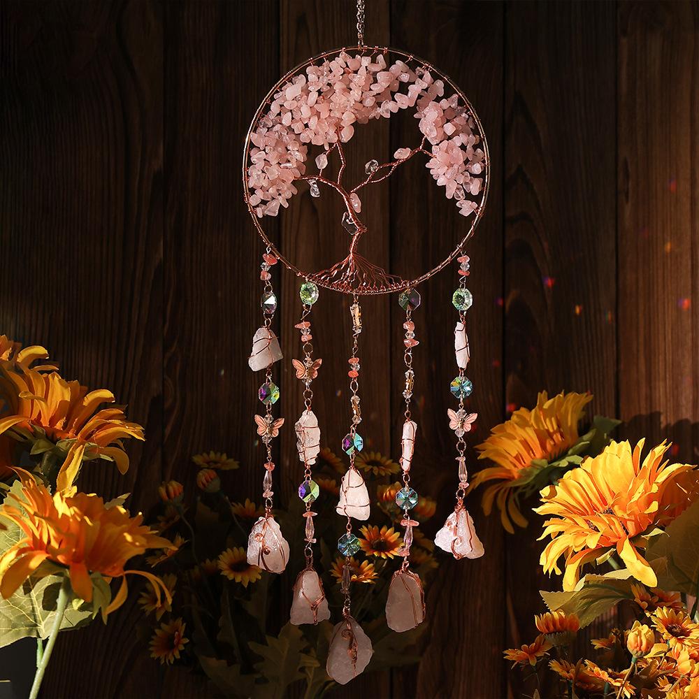 Hand-Woven Wind Chimes Life Tree Dream Crystal Wind Chime Crystal Stone Room Decoration Engraving Christmas