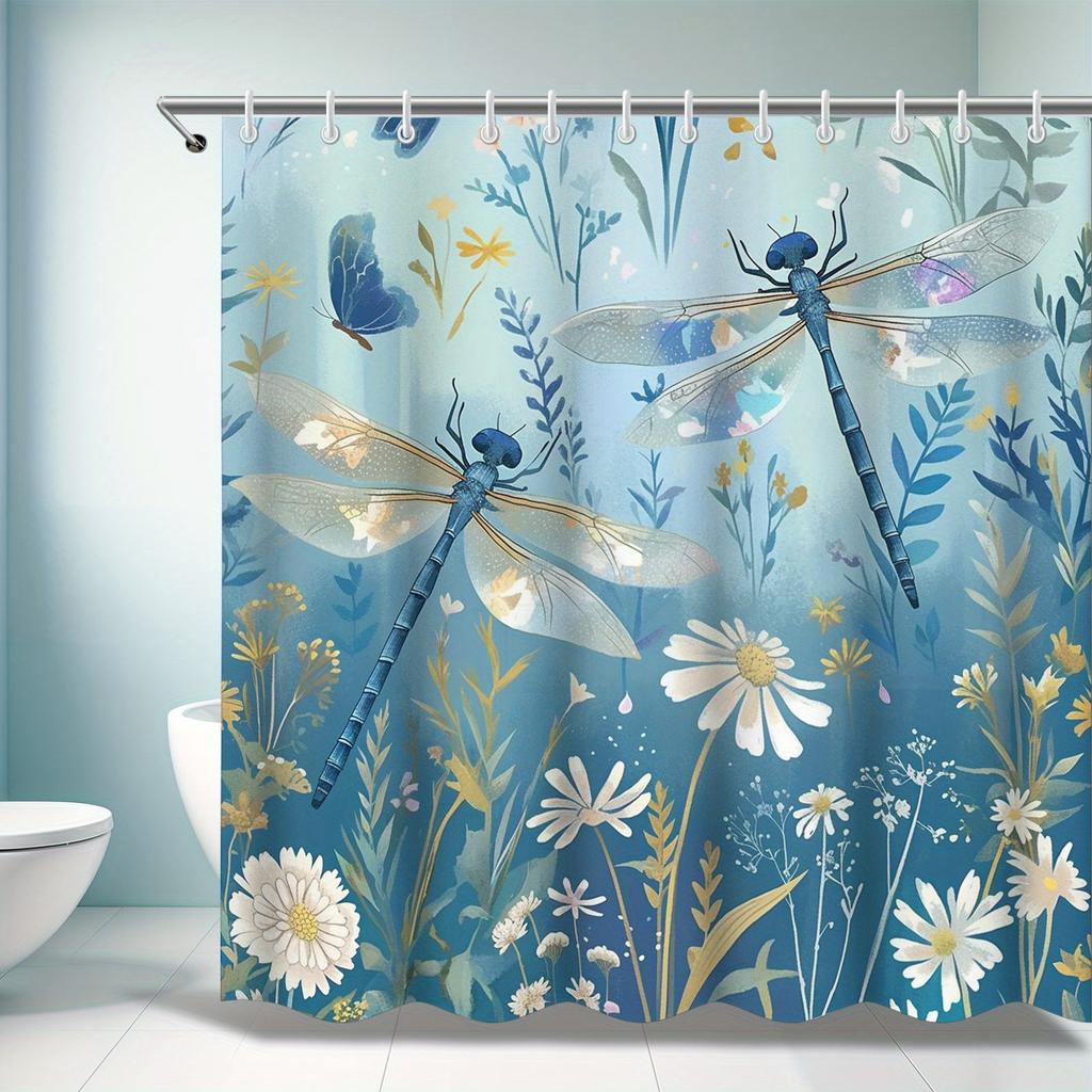 Dragonfly & Floral Shower Curtain-Durable Polyester,Artistic All-Season Design,Easy Install Hooks,Nature-Inspired Bathroom Decor