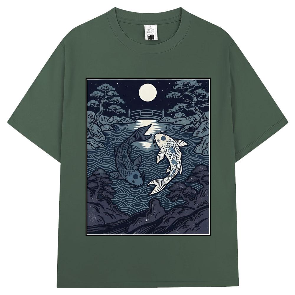 Japanese Style Yin Tang Koi Fish Moonrise Graphic T Shirt   Fashion Vintage T-shirts Oversized Cotton Casual Y2k T-shirt