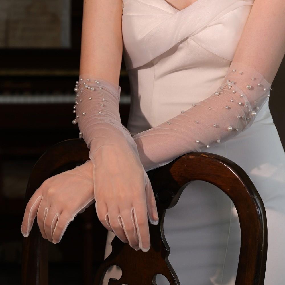 Long Wedding Gloves Tulle Pearl Gloves Vintage Women’s Bridal Gloves  Dinner Party
