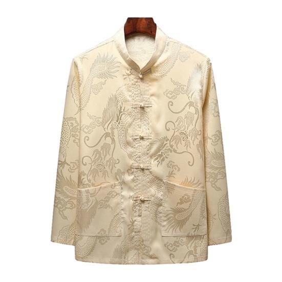 

Мужской топ в китайском стиле с воротником-стойкой, однобортный, однобортный, с рисунком дракона, свободные карманы, длинные 3XL бежевый