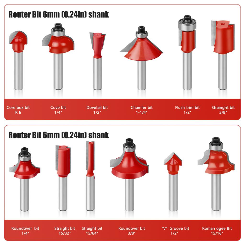 12-Piece Set Of 6-Handle 1/4-Handle Red Woodworking Milling Cutter Set, Trimming Machine Cutter Head, Bakelite Milling, Engraving Machine Cutter