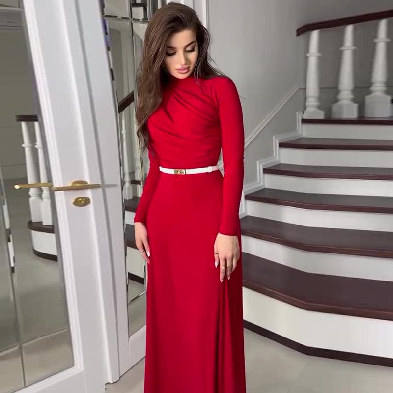 2024 Autumn Women's Solid Color Round Neck Pleated Waist-Hugging Long Dress