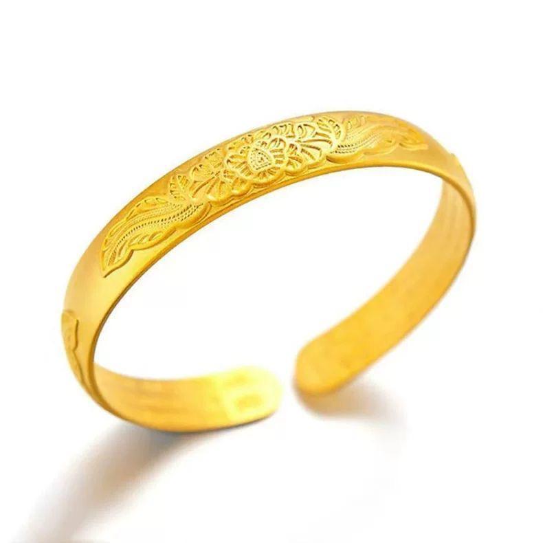 Gold-Plated Peony Heart Sutra Wide Band Open Bangle for Women
