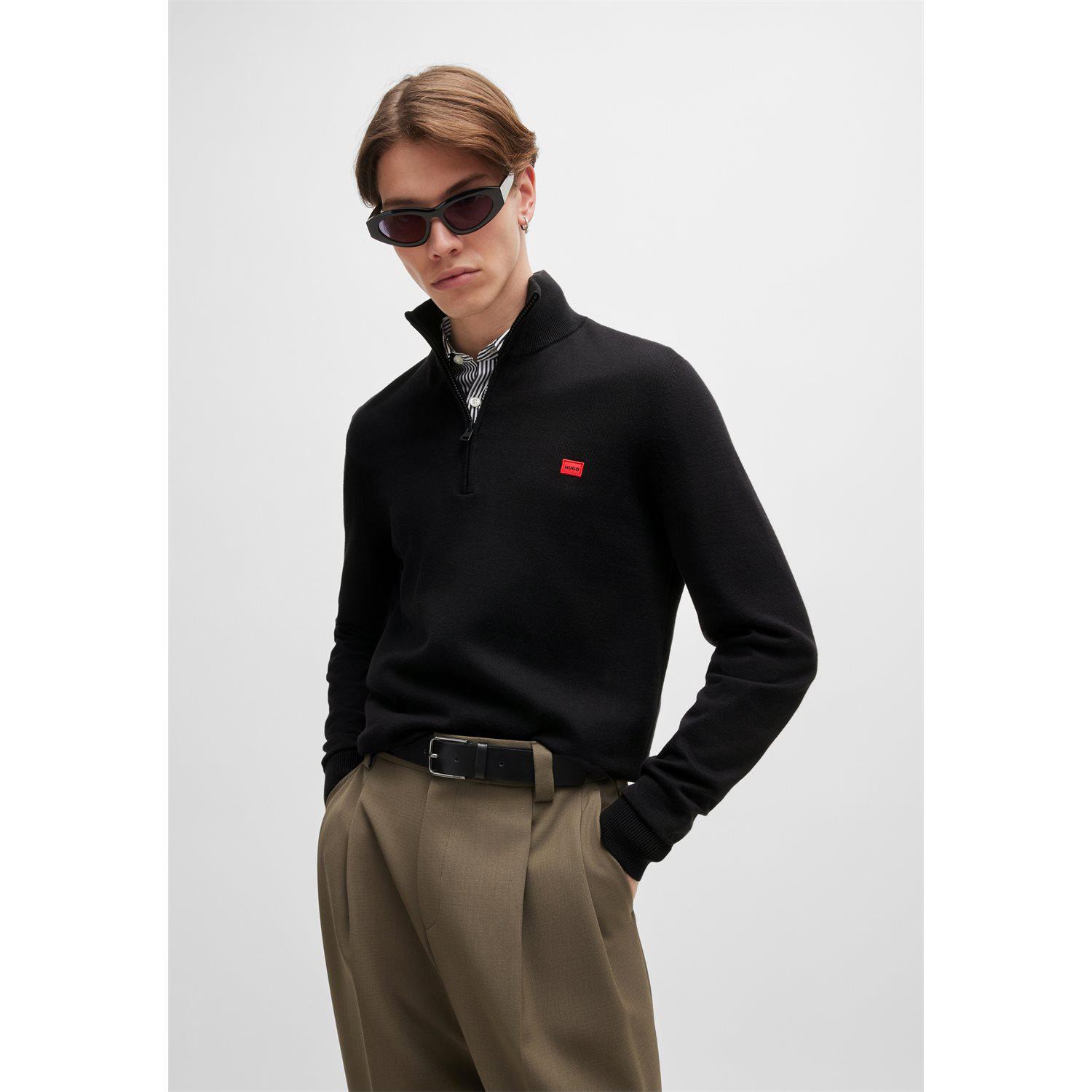 Hugo Logo Patch Half-Zip Knit Sweater Regular Fit 50474164_001 Black/M