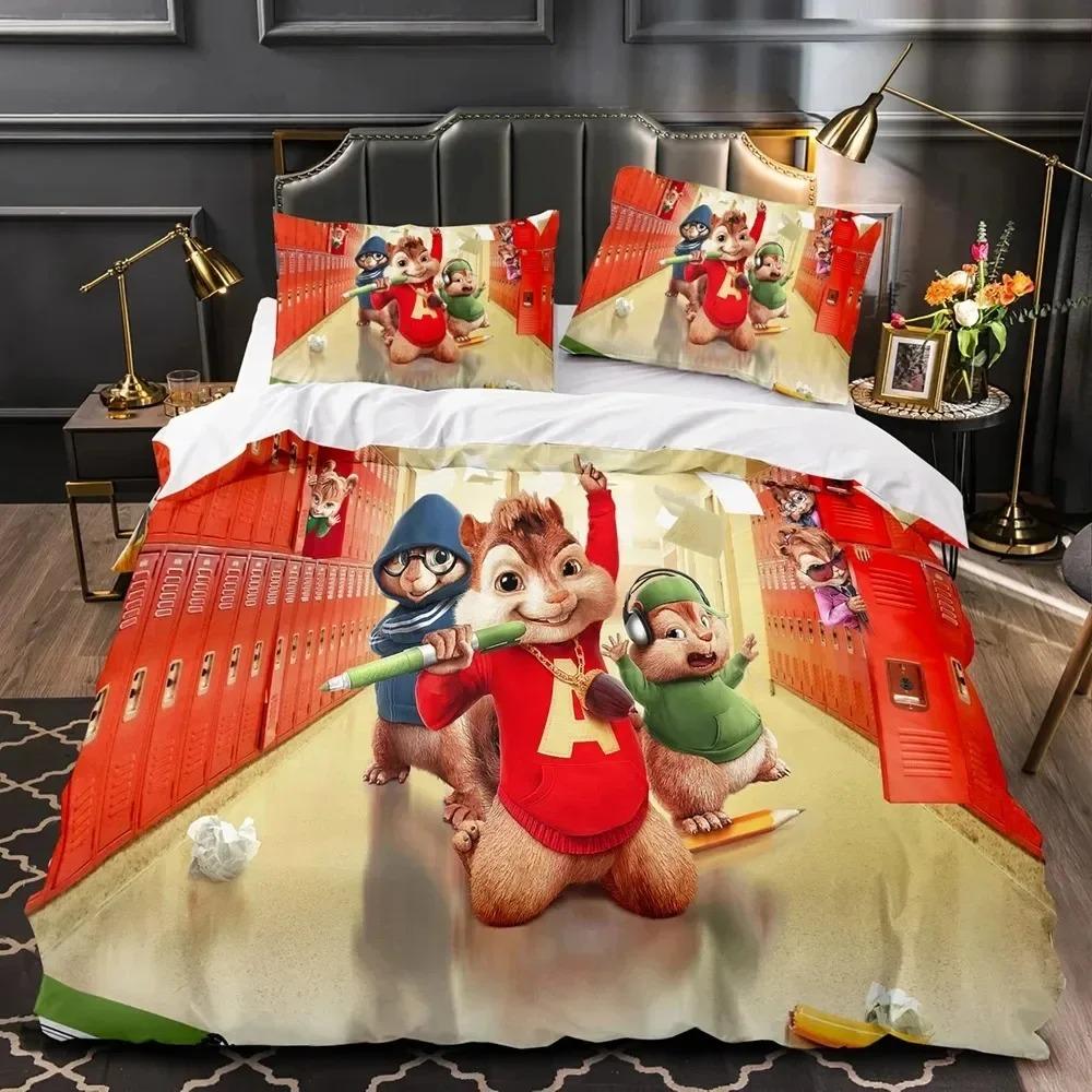 3D Printed Cartoon Chipmunks Alvin Bedding Set Duvet Cover Bed Set Quilt Cover Pillowcase Comforter King Queen Size Boys Adult