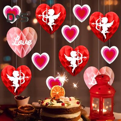 6 pezzi di ornamento a forma di cuore per San Valentino, in carta a nido d'ape, decorazione da appendere, centrotavola romantico a forma di cuore rosso e rosa per feste