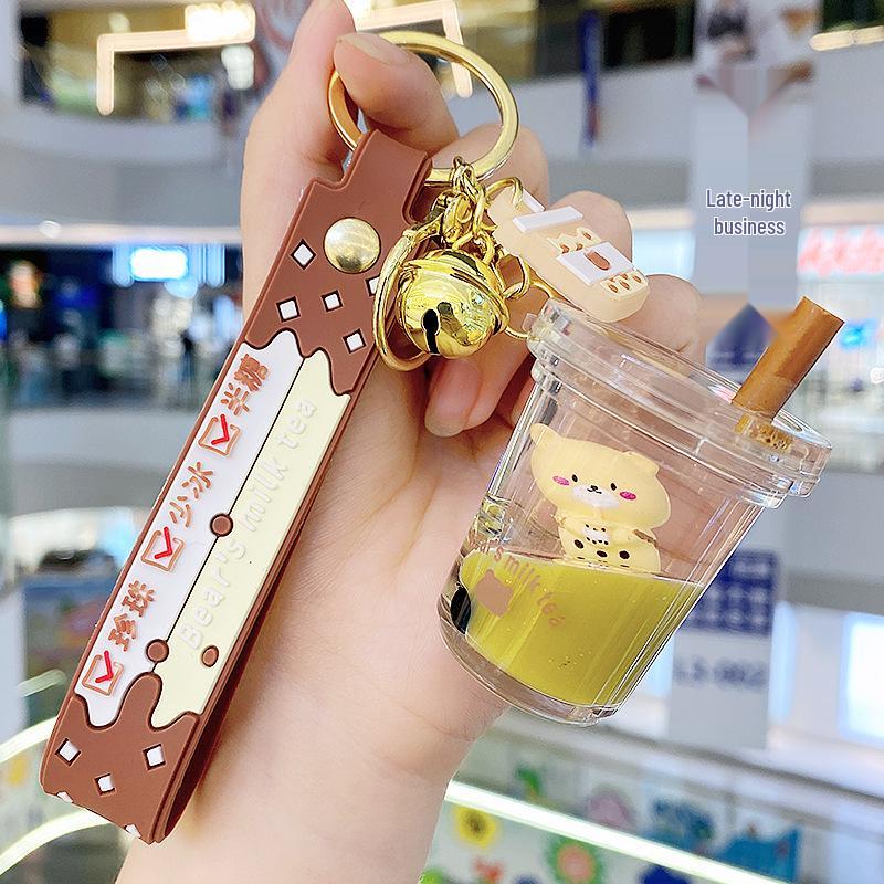 Pearl Milk Tea Bear Keychain - Cartoon Oil-Filled, Floating Liquid Pendant for Bags