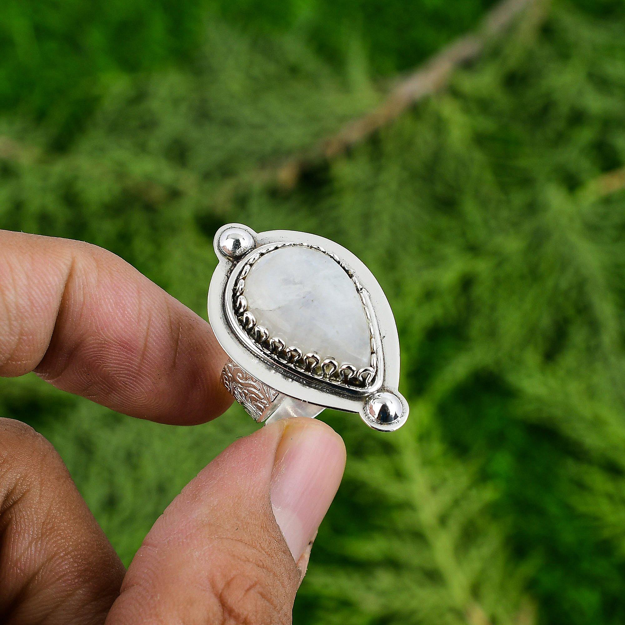 

Natural Rainbow Moonstone Gemstone Solitaire Adjustable Ring 925 Sterling Silver Adjustable