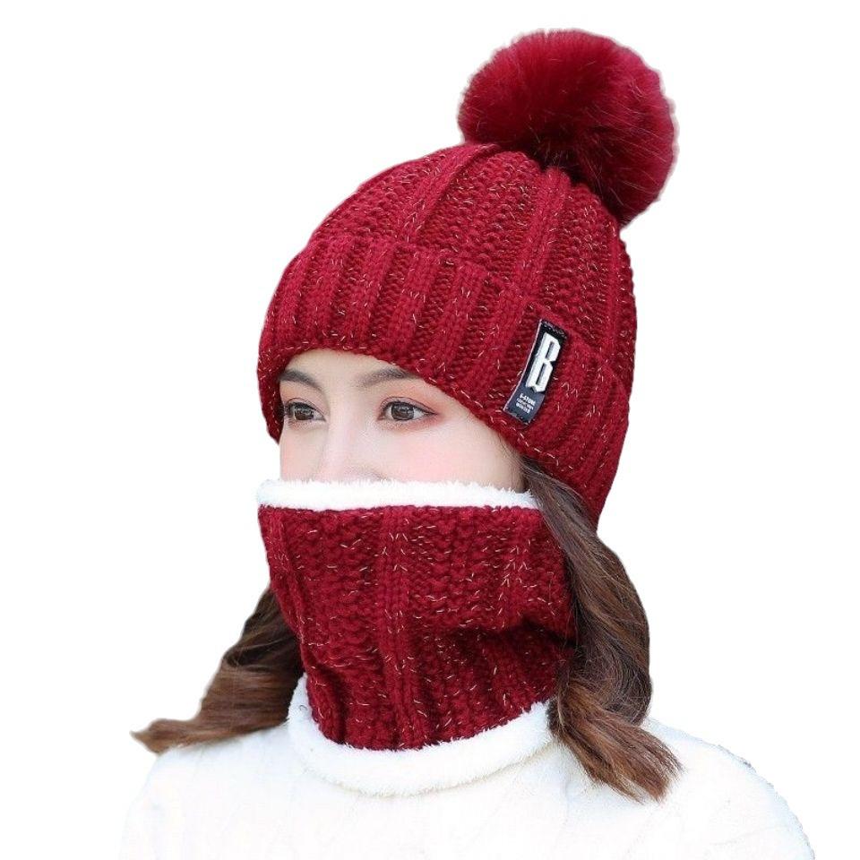 Women's Korean Wool Winter Hat with Thick Scarf and Knitted Ear Protection for Warmth During Cycling