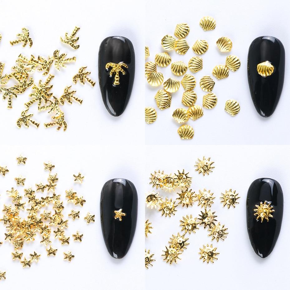 Gold Nail Art Alloy Studs Seaside 3D Decorations Sea Shell Star Feathers Charm Metal Frame Rivets Nail Sequin